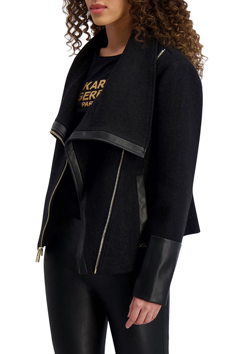 KARL LAGERFELD PARIS Wool Blend & Faux Leather Asymmetric Jacket, Alternate, color, Black