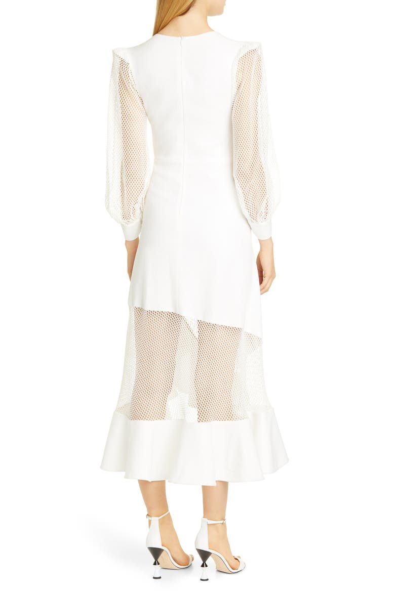 PatBO Mesh Trim Belted Midi Dress, Alternate, color, WHITE