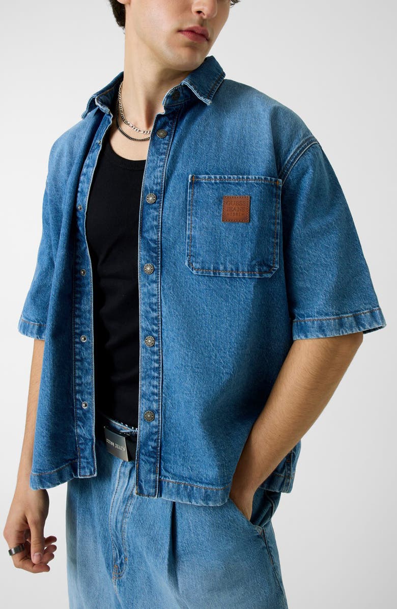 GUESS Oversize Crop Stretch Cotton Denim Shirt, Alternate, color, Gclm-Open