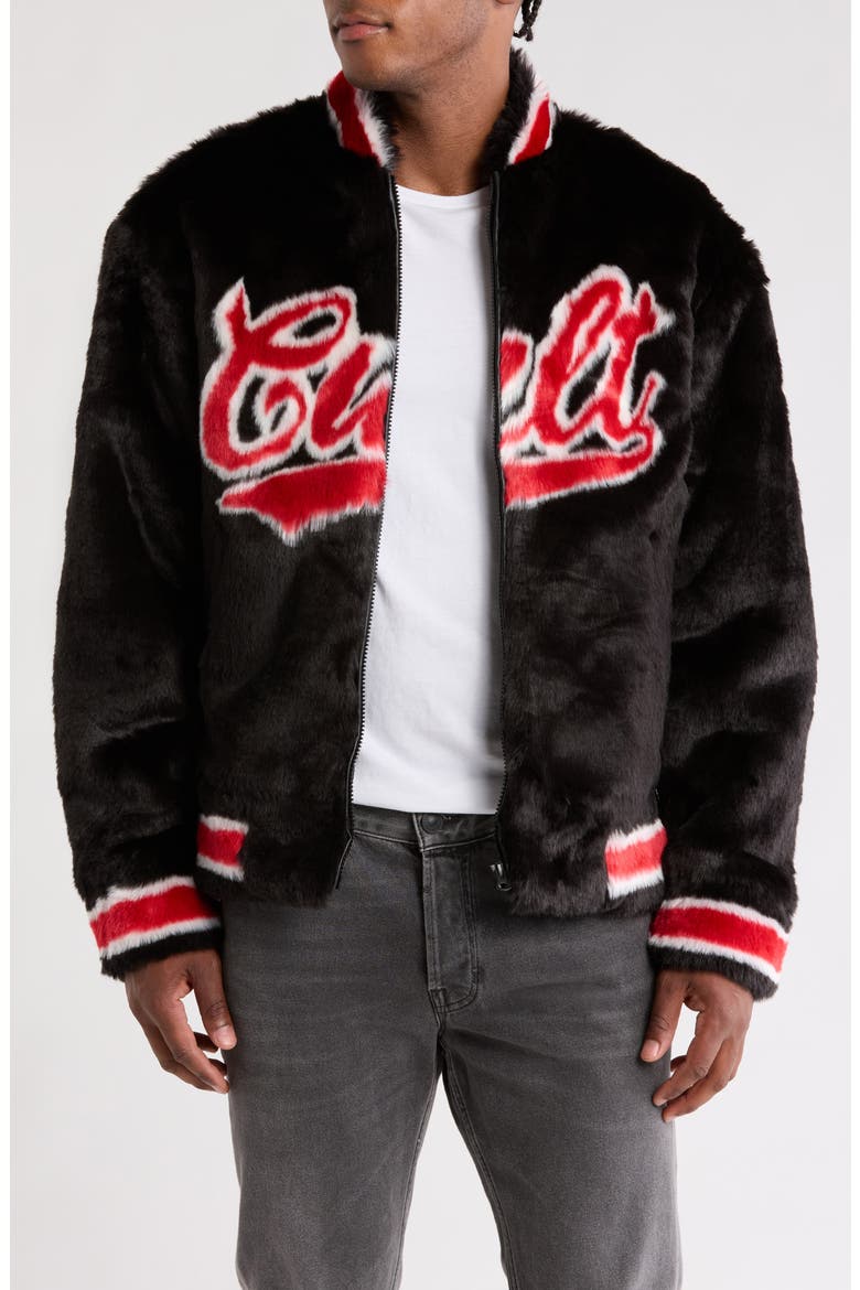 Faux Fur Varsity Jacket, Main, color, BLACK