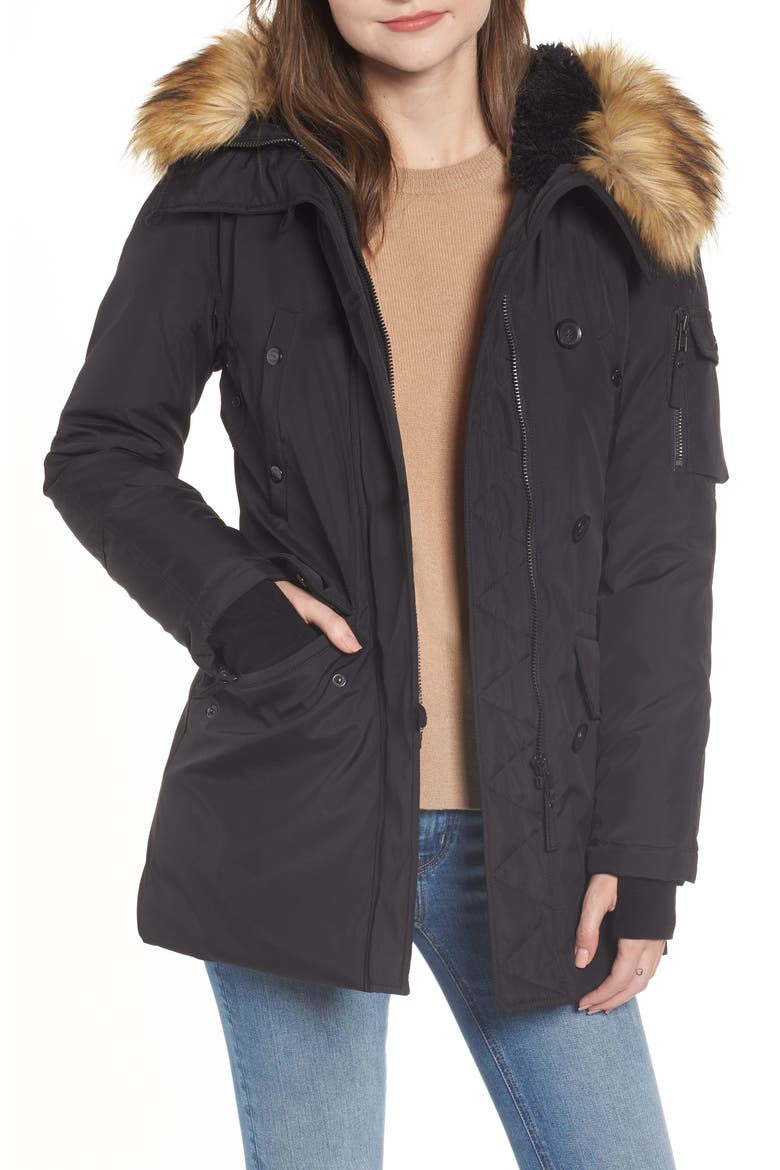 Faux Fur Trim Down Parka, Main, color, BLACK
