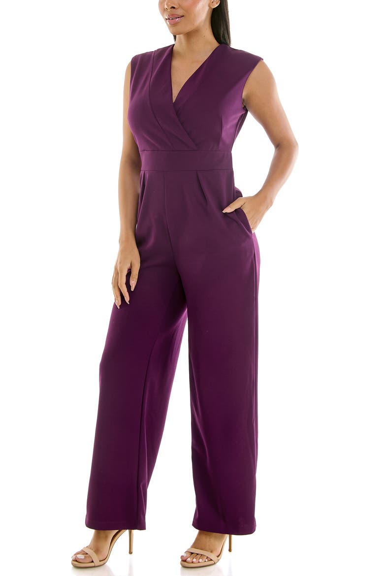 Surplice V-Neck Wide Leg Jumpsuit, Alternate, color, RAISIN