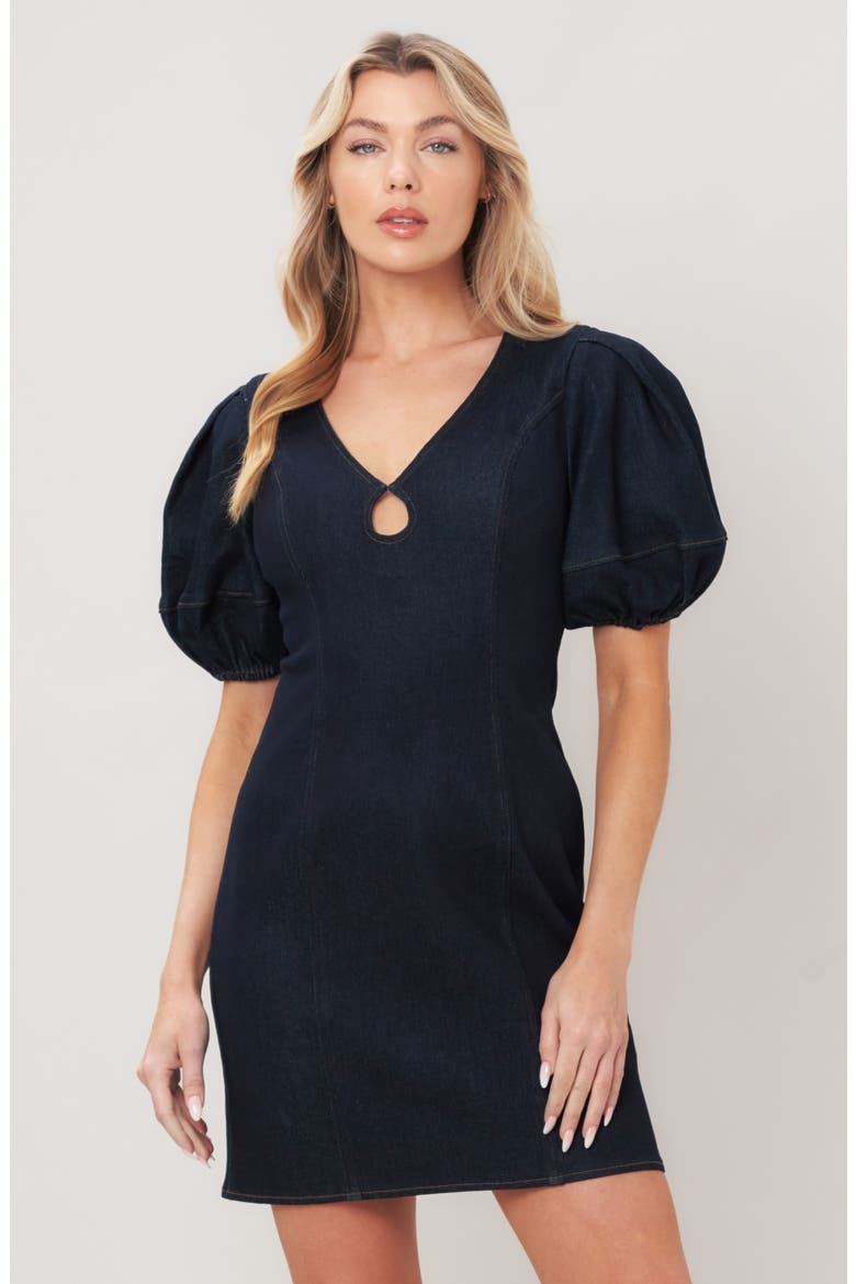 Puff Sleeve Denim Minidress, Alternate, color, DARK INDIGO