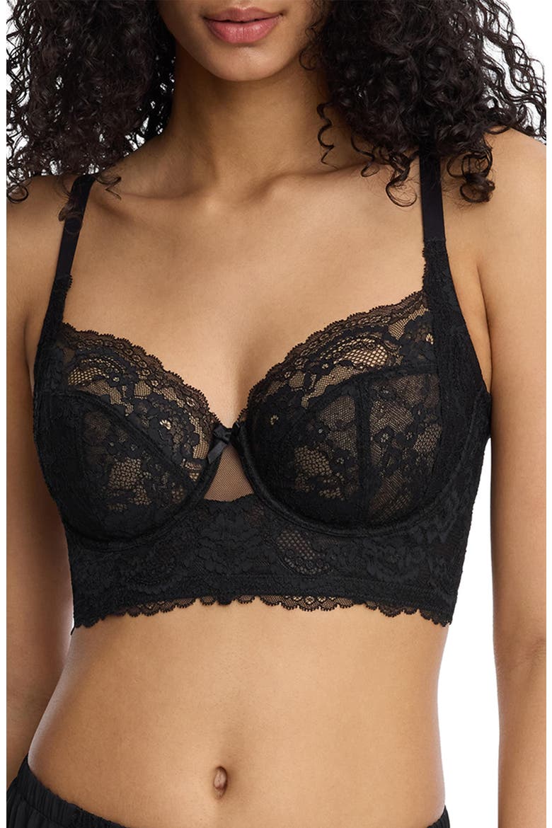 Minx Longline Side Support Lace Bra, Main, color, BLACK