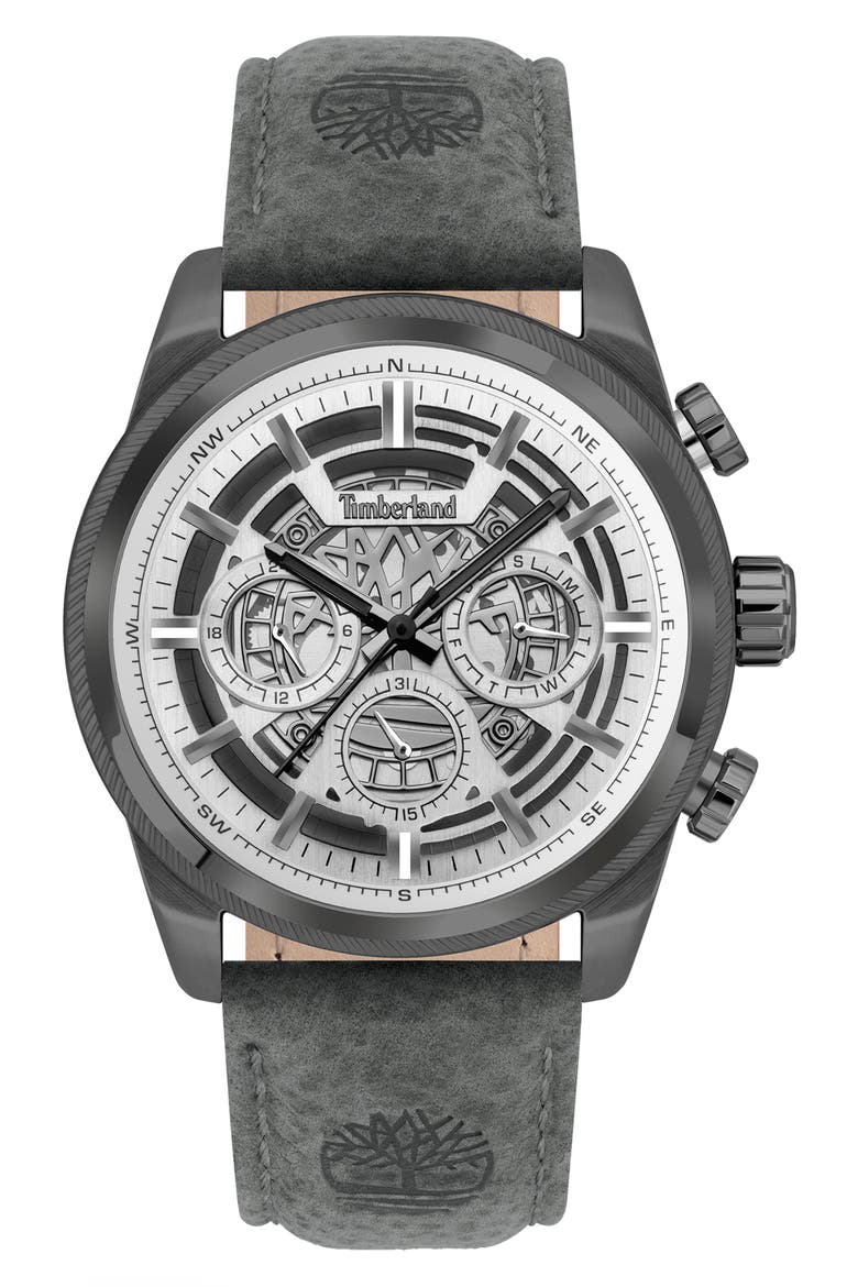 Hadlock Multifunction Leather Strap Watch, 46mm, Main, color, BLACK