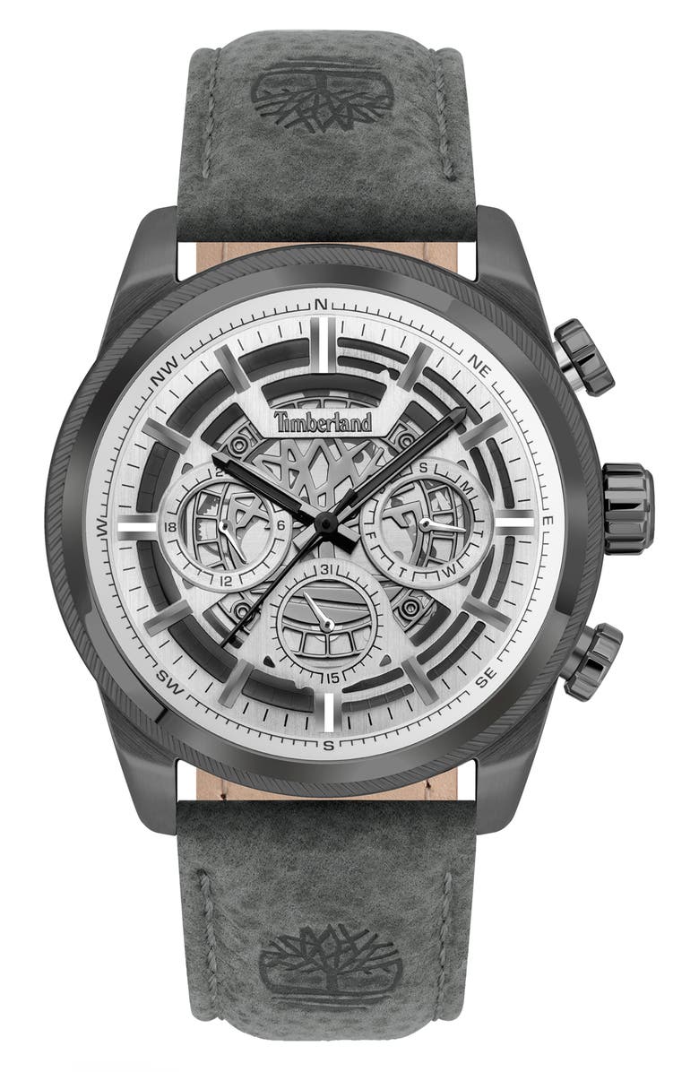 Timberland Hadlock Multifunction Leather Strap Watch, 46mm, Main, color, 
