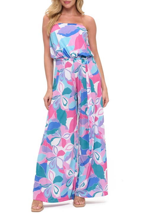 Printed Strapless Wide Leg Romper