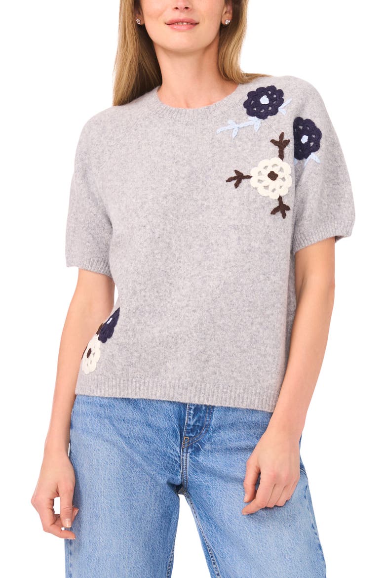 Floral Embroidered Short Sleeve Sweater, Main, color, LIGHT HEATHER GREY