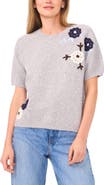 Halogen® Floral Embroidered Short Sleeve Sweater