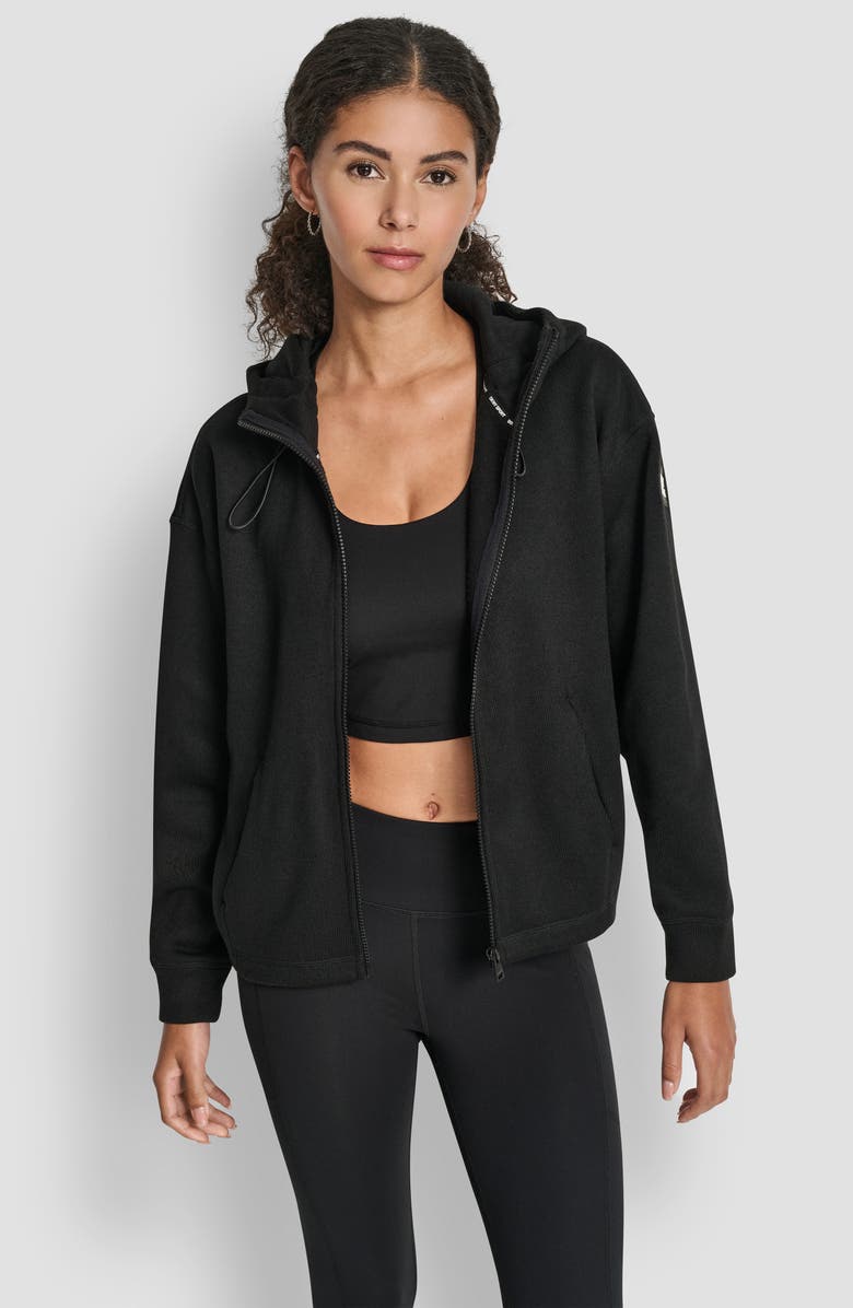 DKNY Logo Patch Full Zip Hoodie, Alternate, color, Black