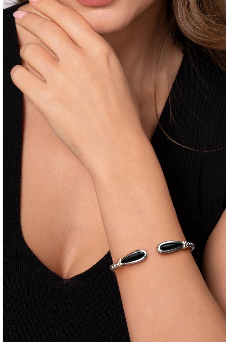 Bujukan Black Onyx & 14K Gold Beaded Sterling Silver Bangle Bracelet, Alternate, color, SILVER/ 14K YELLOW GOLD