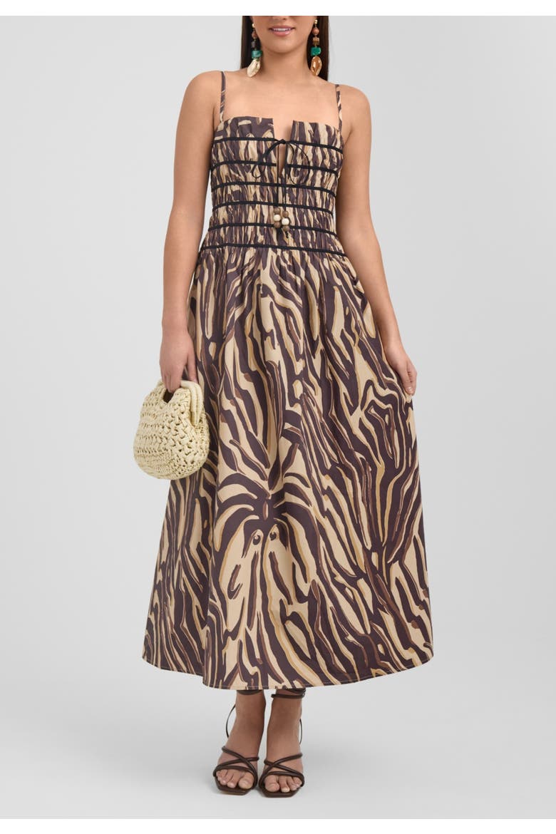 Zerra Smocked Corset Maxi Dress, Main, color, Brown Abstract