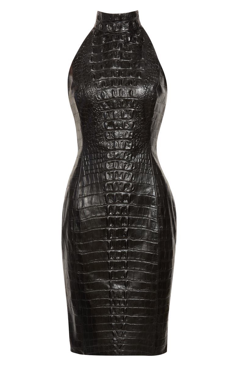 Balmain Croc Embossed Leather Halter Neck Dress, Alternate, color, 0Pa Black