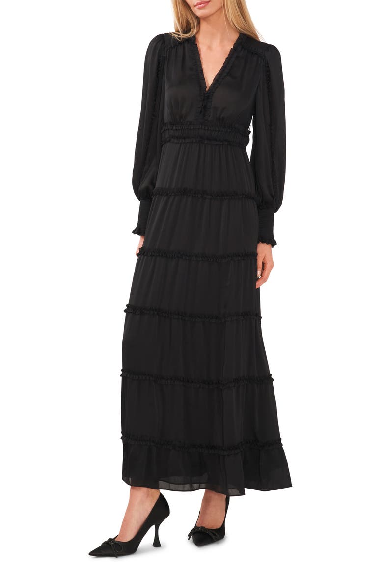 Ruffle Long Sleeve Satin Maxi Dress, Main, color, RICH BLACK