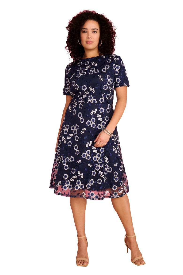 Plus Size Lace V Neck Long Sleeve Floral Dress, Main, color, NAVY FLORAL