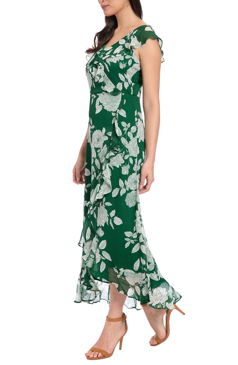 London Times Ruffle Trim High/Low Maxi Dress, Alternate, color, Dark Green/ White