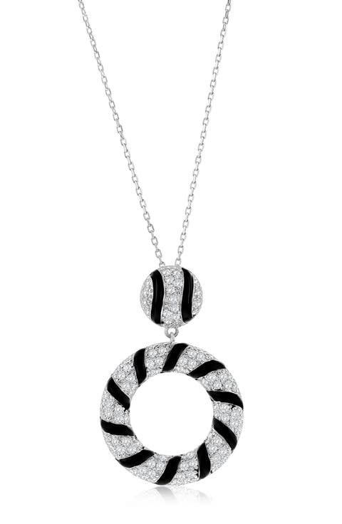 Pavé Cubic Zirconia Black Enamel Circle Pendant Necklace