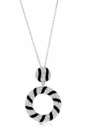 Pavé Cubic Zirconia Black Enamel Circle Pendant Necklace