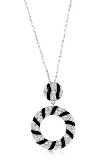 Suzy Levian Sterling Silver Pave White Cubic Zirconia Black Enamel Circle Drop Pendant
