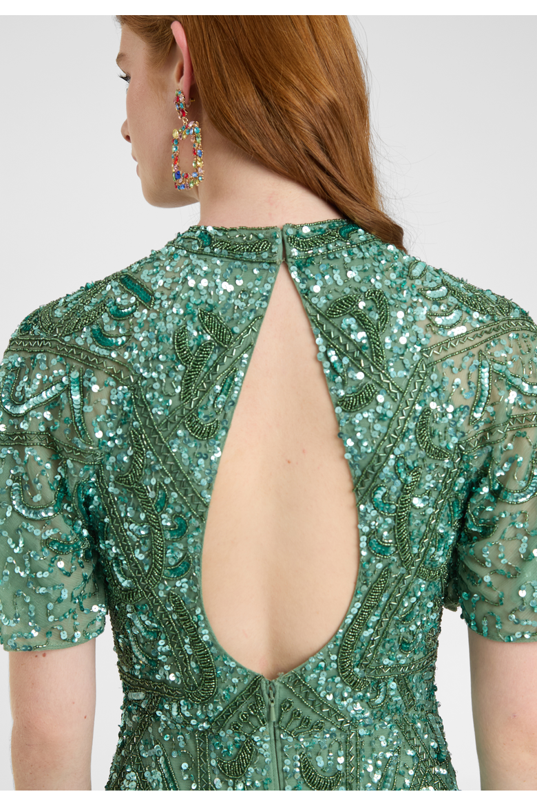 Embellished Sequin Beaded With Short Flutter Sleeves Maxi Dress, Alternate, color, GREEN