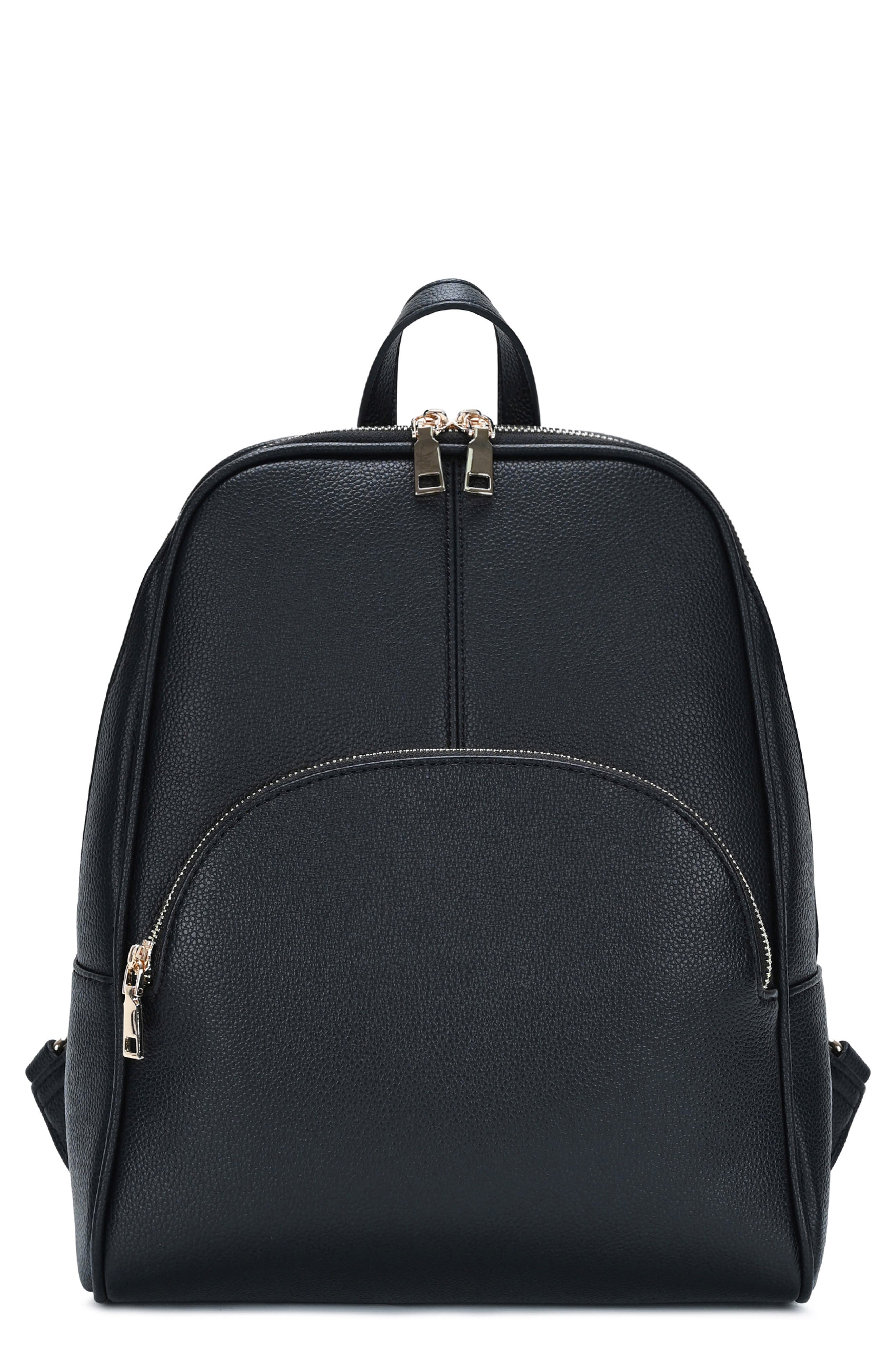 Faux Leather Zip Front Backpack, Main, color, BLACK