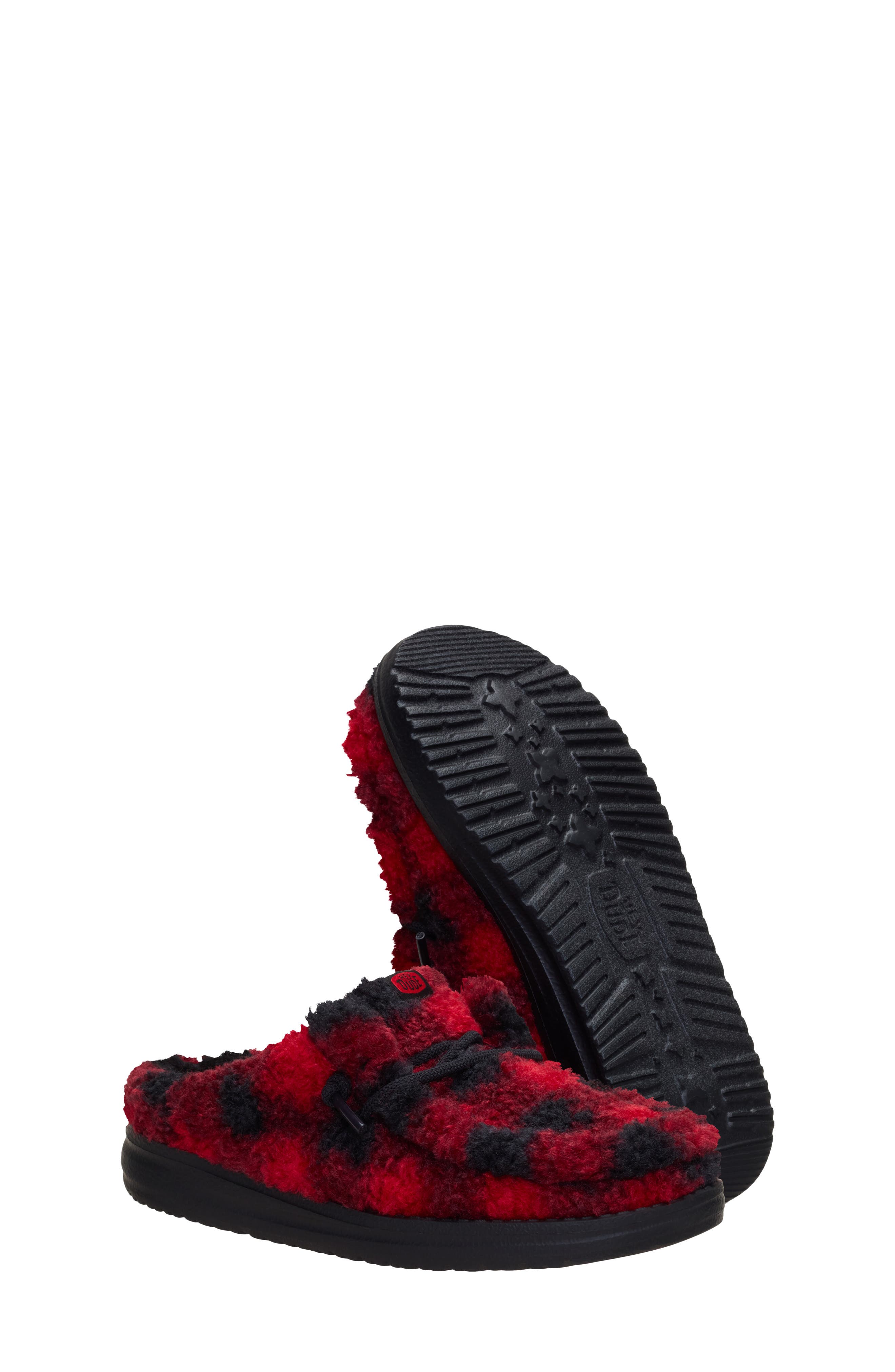Kids' Wally Buffalo Plaid Faux Fur Slipper, Alternate, color, RED