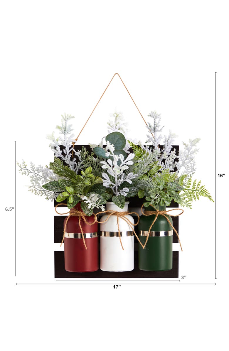 NEARLY NATURAL 17-in Holiday Assorted Christmas Pine Hanging Three Piece Mason Jar Artificial Arrangement Wall Art Décor, Alternate, color, Green/Red
