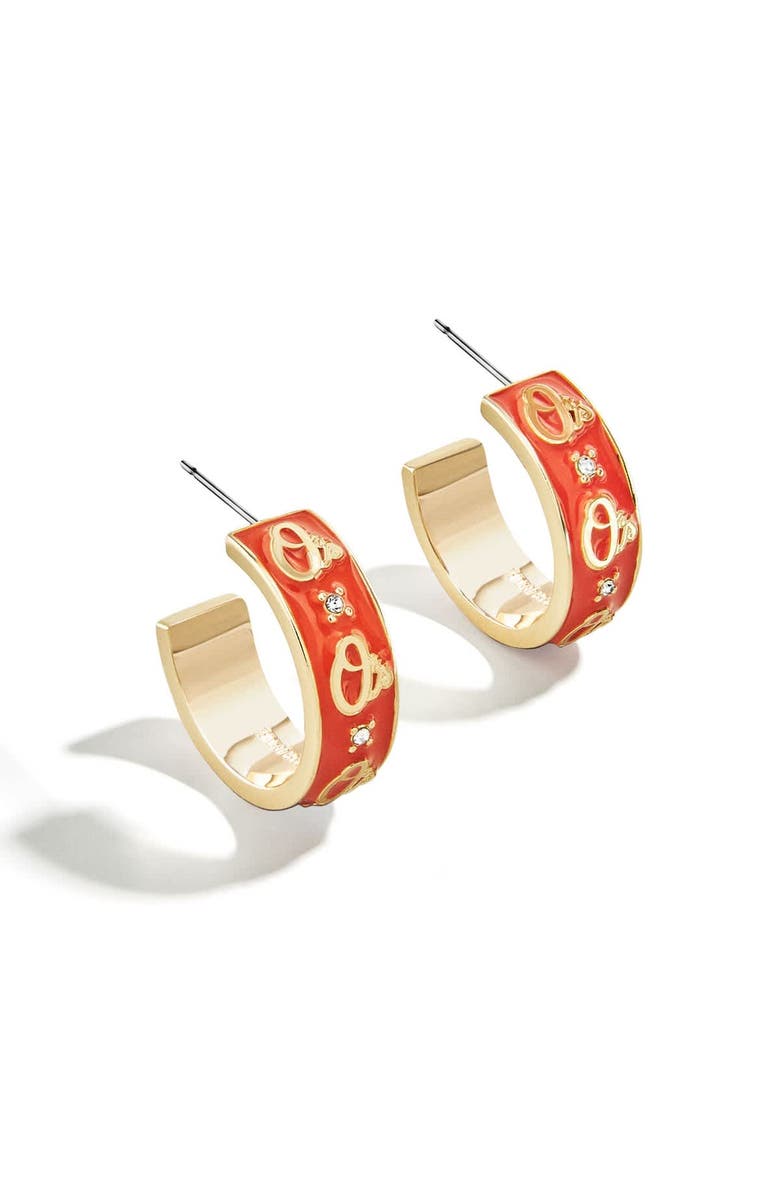 WEAR by Erin Andrews x BaubleBar Baltimore Orioles Enamel Hoop Earrings, Main, color, 