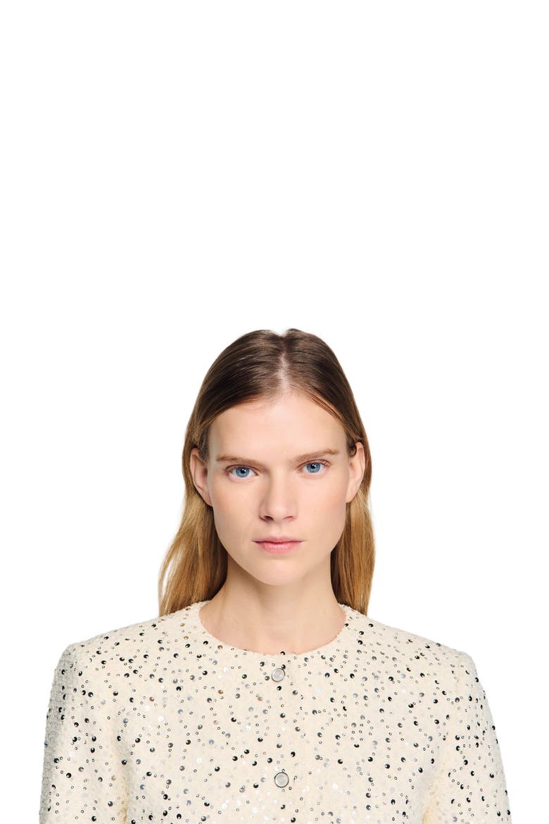 Cropped sequinned cotton jacket, Alternate, color, Ecru