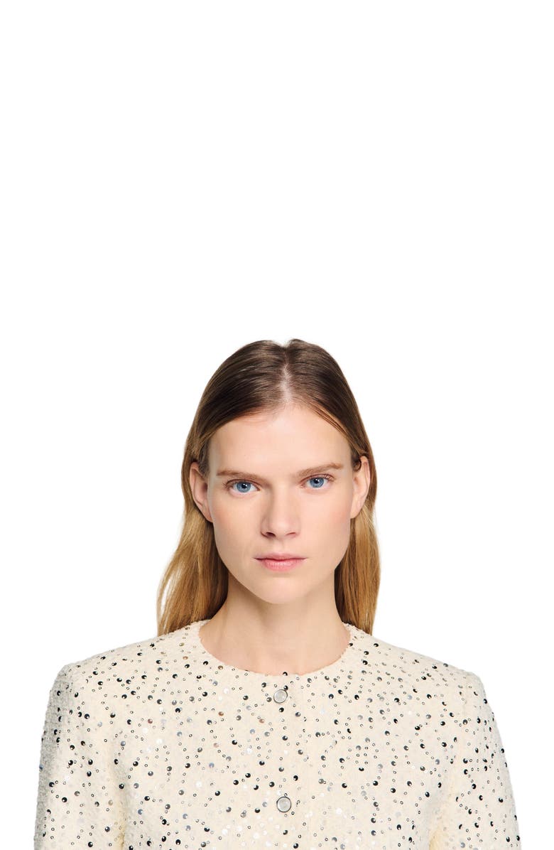 SANDRO Cropped sequinned cotton jacket, Alternate, color, Ecru