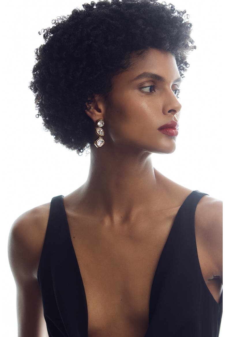 Crista Crystal & Enamel Drop Earrings, Alternate, color, GOLD TONE / CLEAR / BLACK