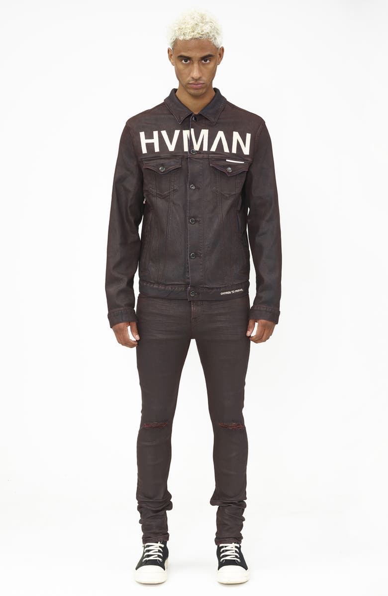 HVMAN MK1 Overspray Logo Denim Jacket, Alternate, color, Burg