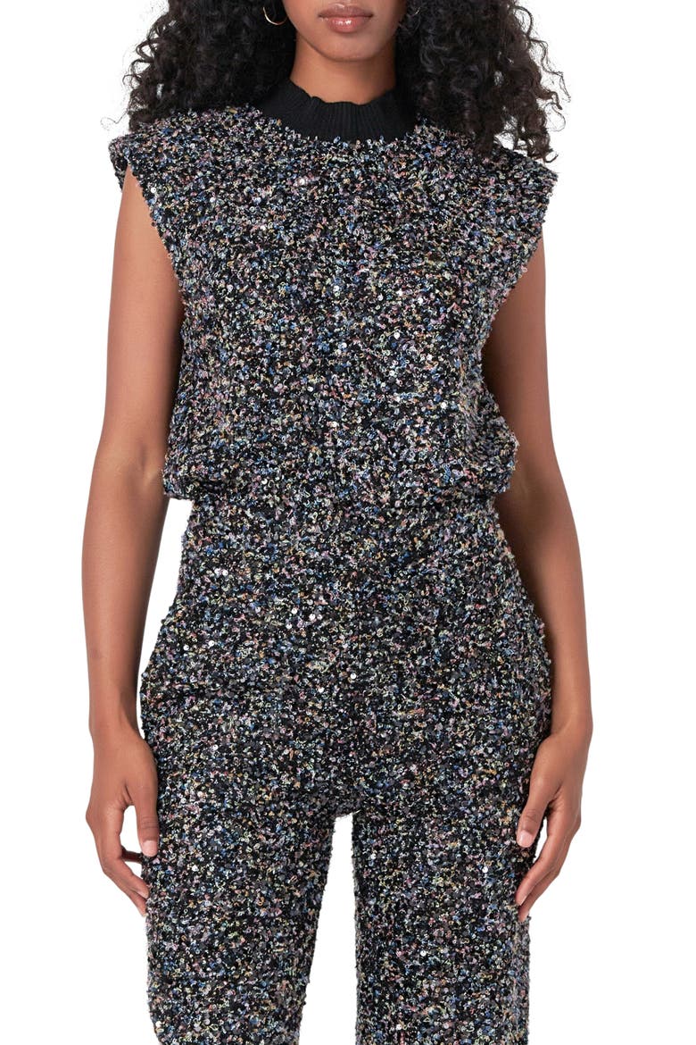 Cap Sleeve Bouclé Tweed Top, Main, color, BLACK MULTI
