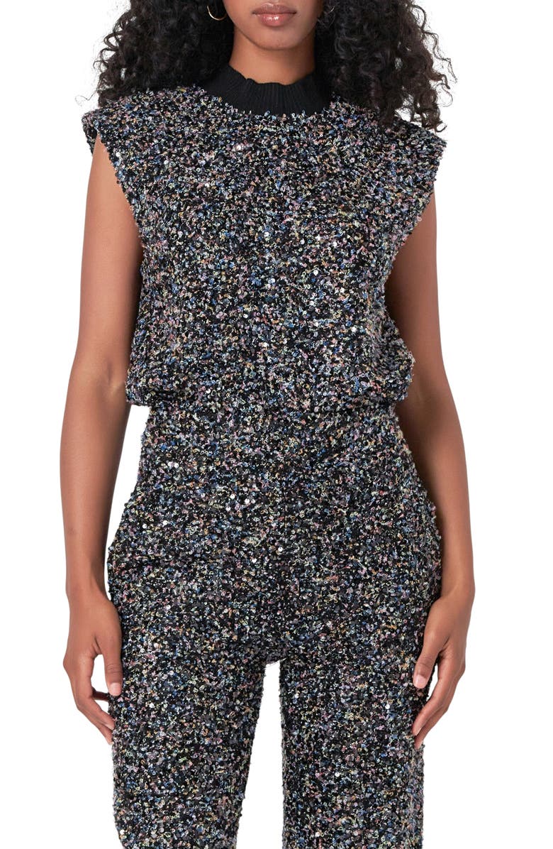 Endless Rose Cap Sleeve Bouclé Tweed Top, Main, color, Black Multi