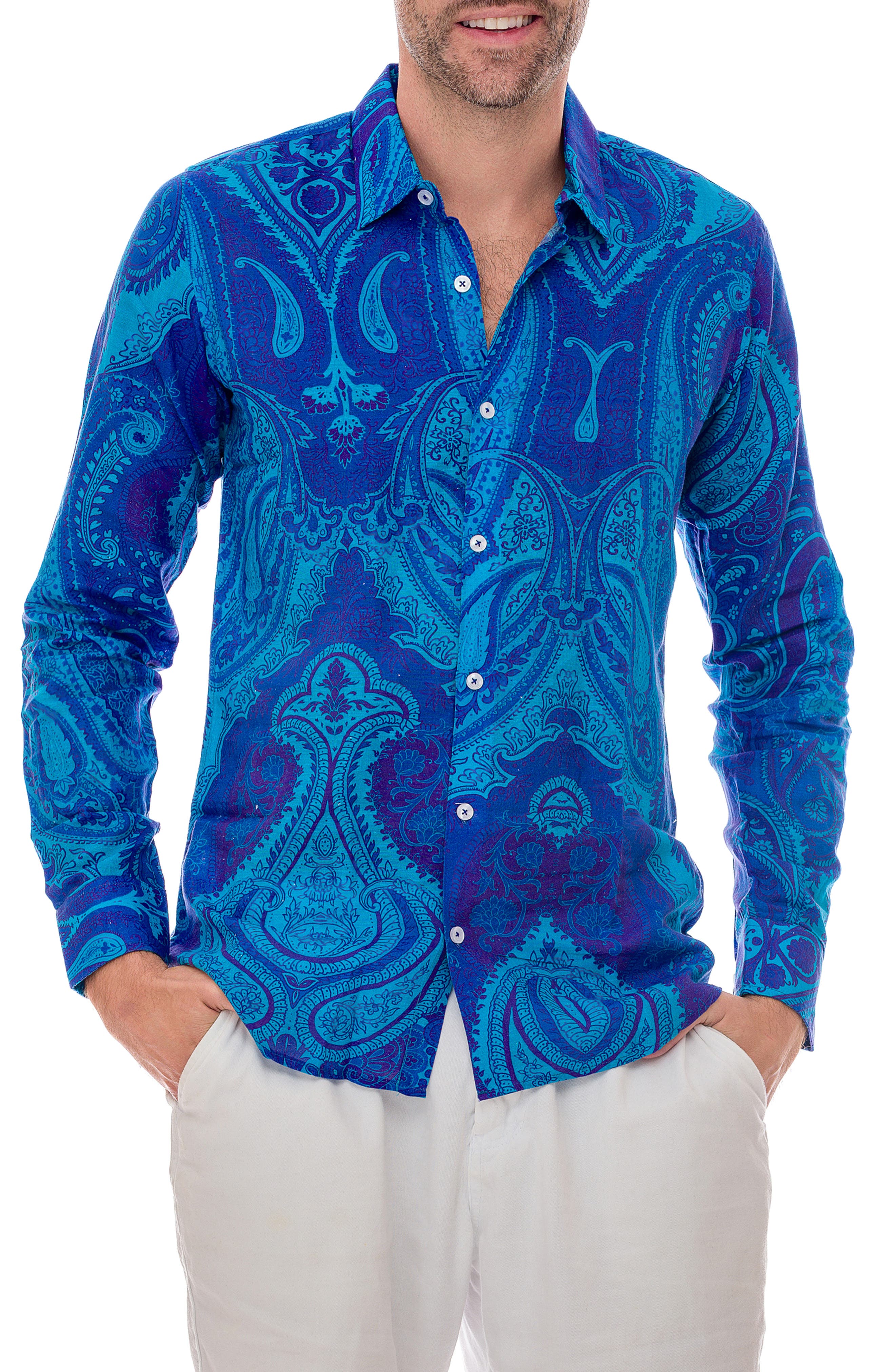 RANEES Paisley Linen Blend Button-Up Shirt