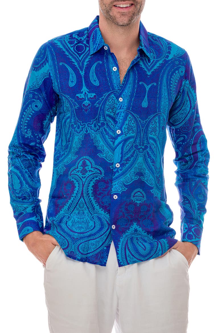 Paisley Linen Blend Button-Up Shirt, Main, color, NAVY