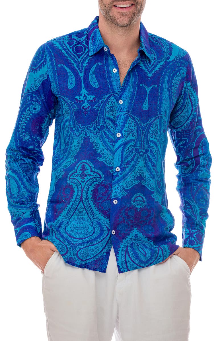 RANEES Paisley Linen Blend Button-Up Shirt, Main, color, 