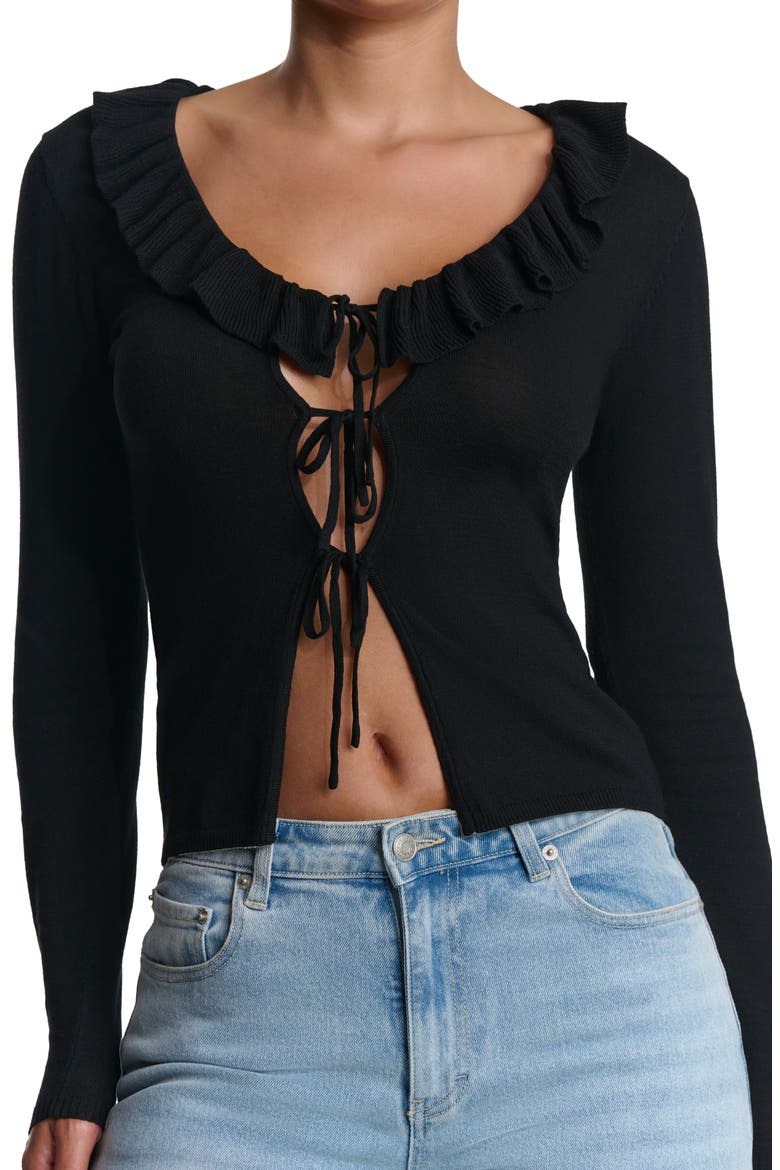Ruffle Tie Front Cardigan, Alternate, color, BLACK