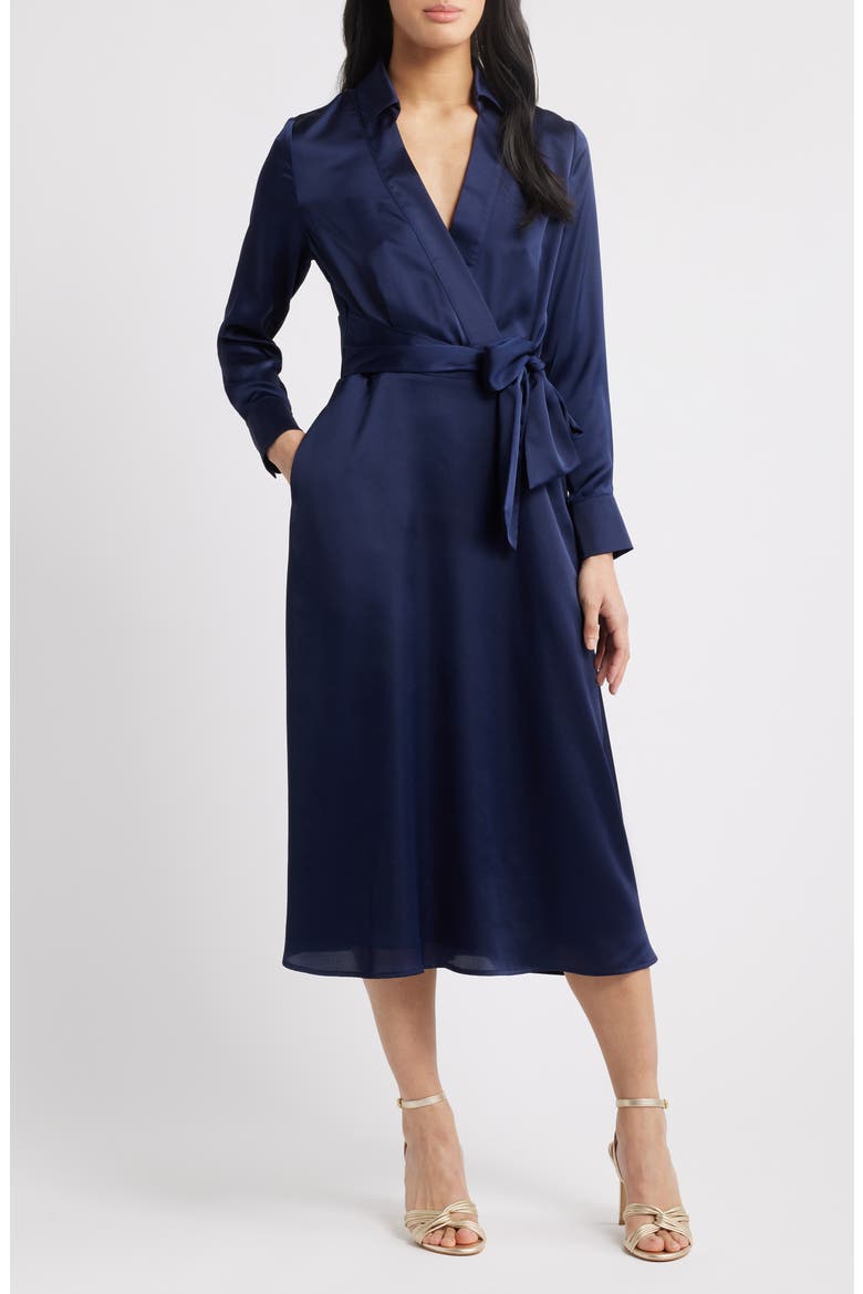 Long Sleeve Hammered Satin Wrap Front Shirtdress, Main, color, SPRING NAVY