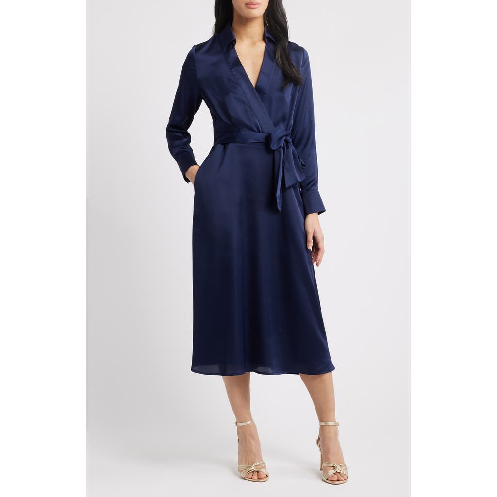 Tahari Asl Long Sleeve Hammered Satin Wrap Front Shirtdress In Spring Navy
