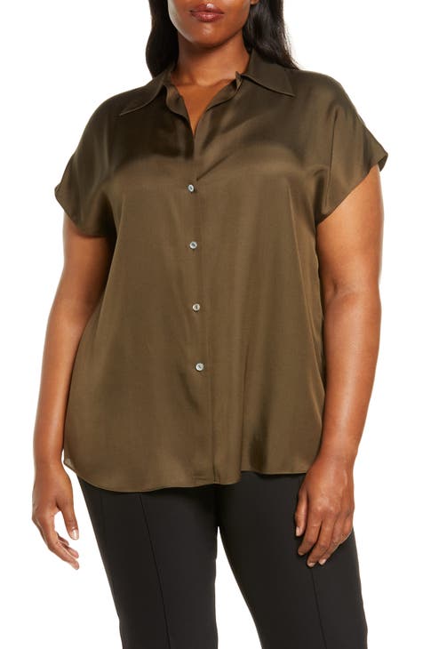 Silk Blend Button-Up Shirt (Plus Size)