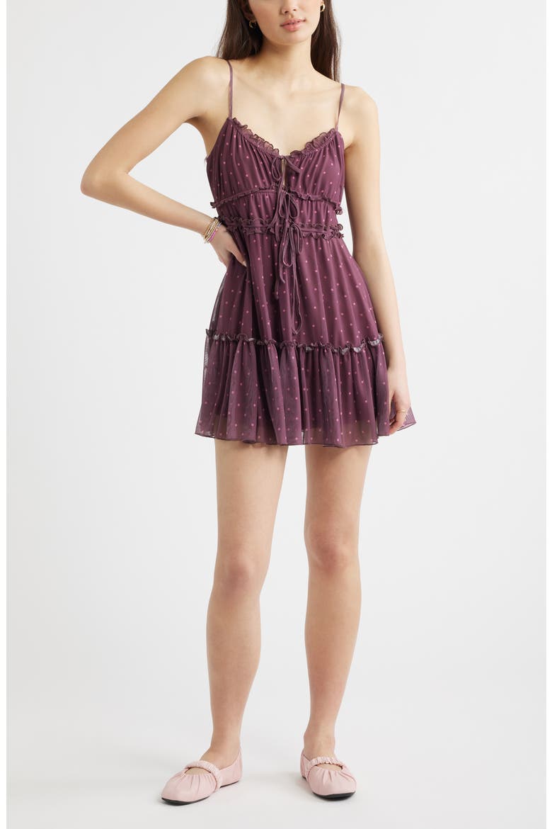 Ruffle Tie Front Tiered Mini Sundress, Main, color, BURGUNDY- PINK KAT DOT