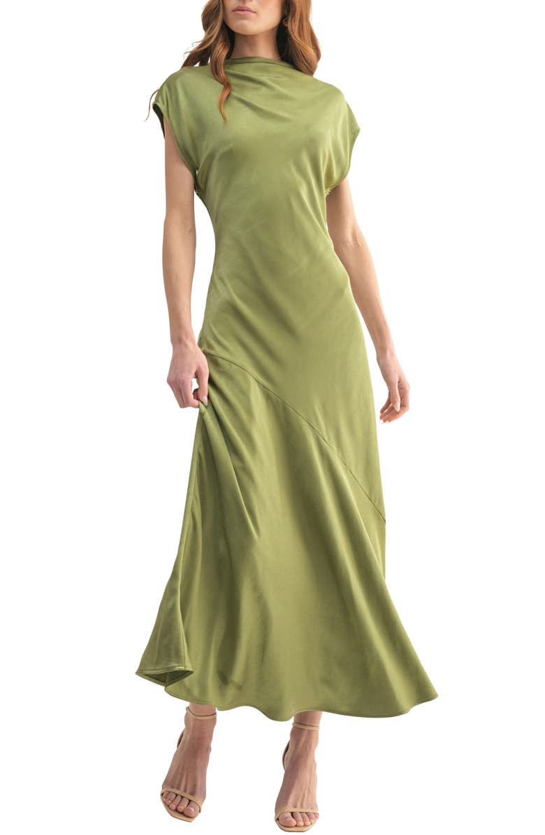Mila Mae Short Sleeve Asymmetric Hem Satin Maxi Dress, Main, color, 