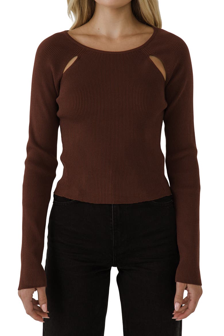 Double Cutout Long Sleeve Knit Top, Main, color, BROWN