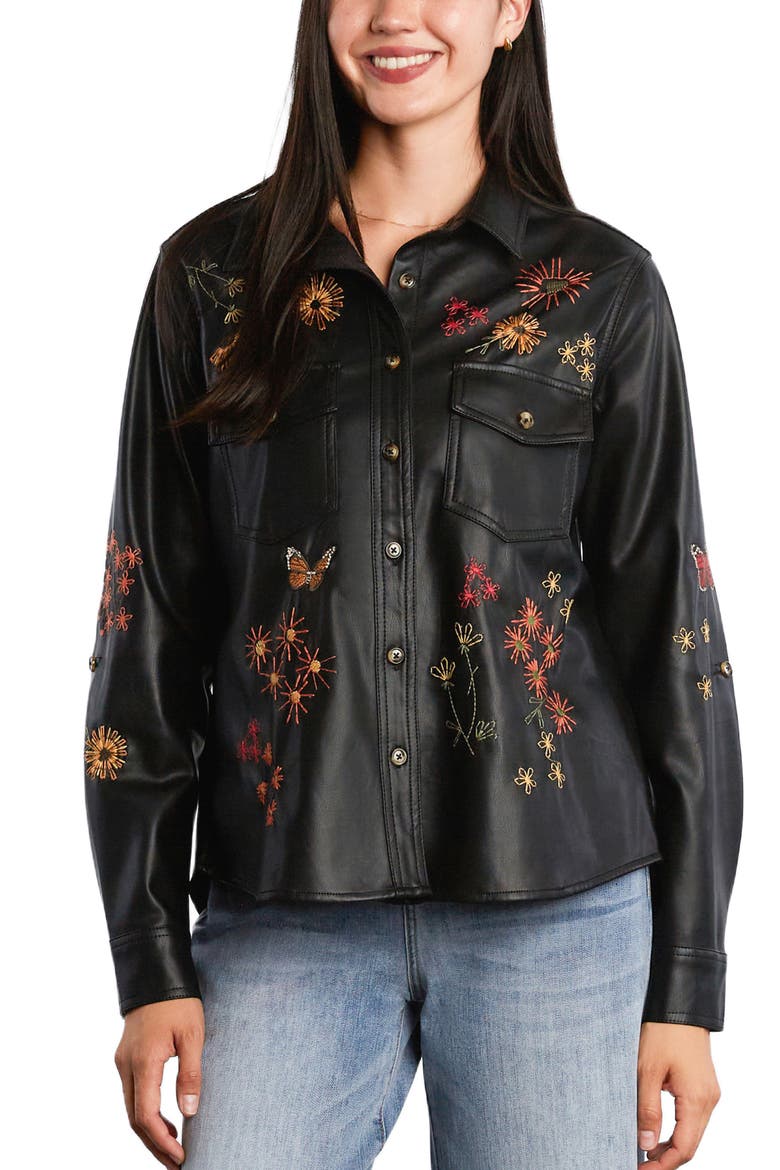 Happy Garden Faux Leather Button-Up Shirt, Alternate, color, BLACK LAKE