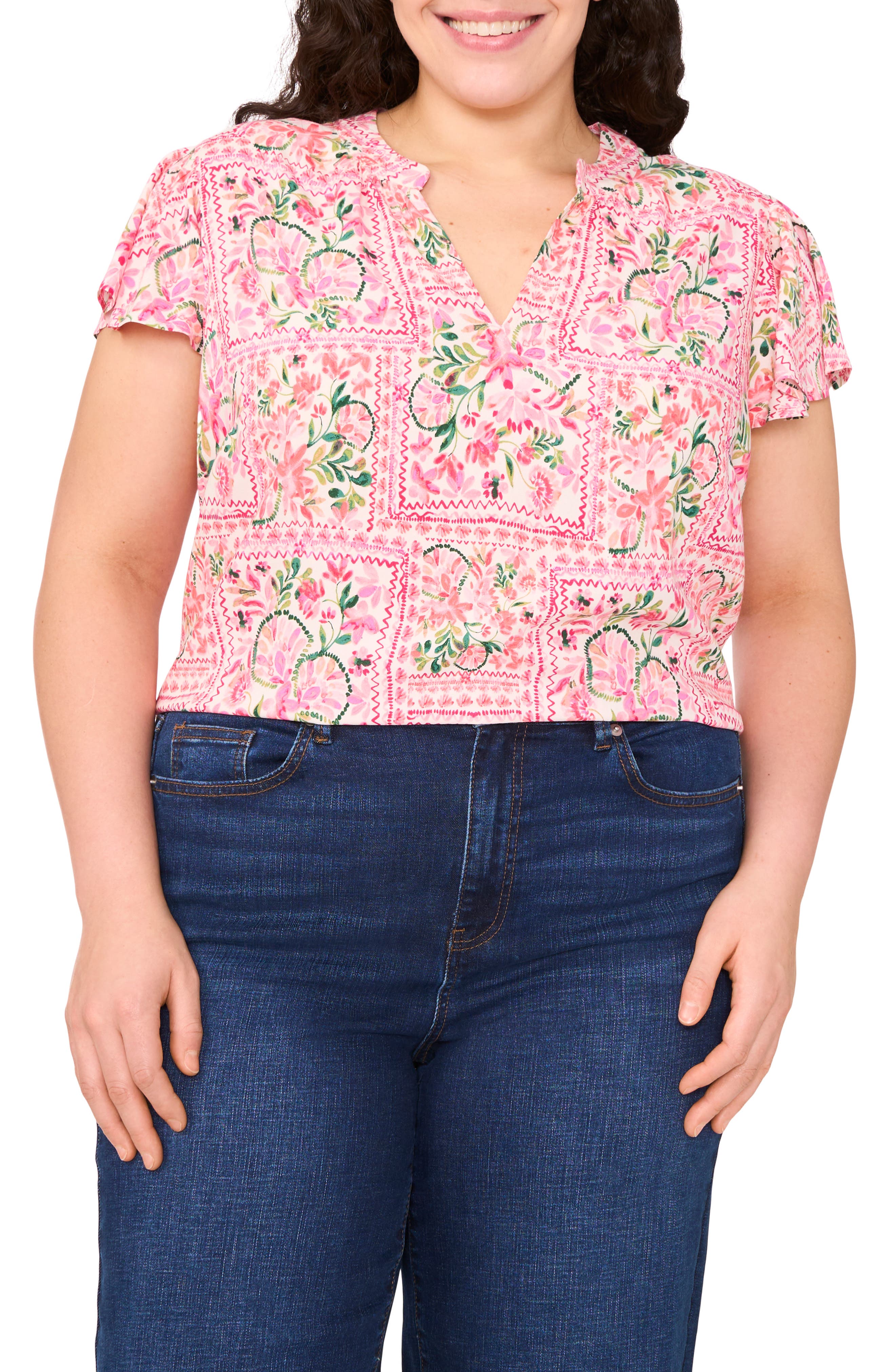 CeCe Floral Graphic Flutter Sleeve Top