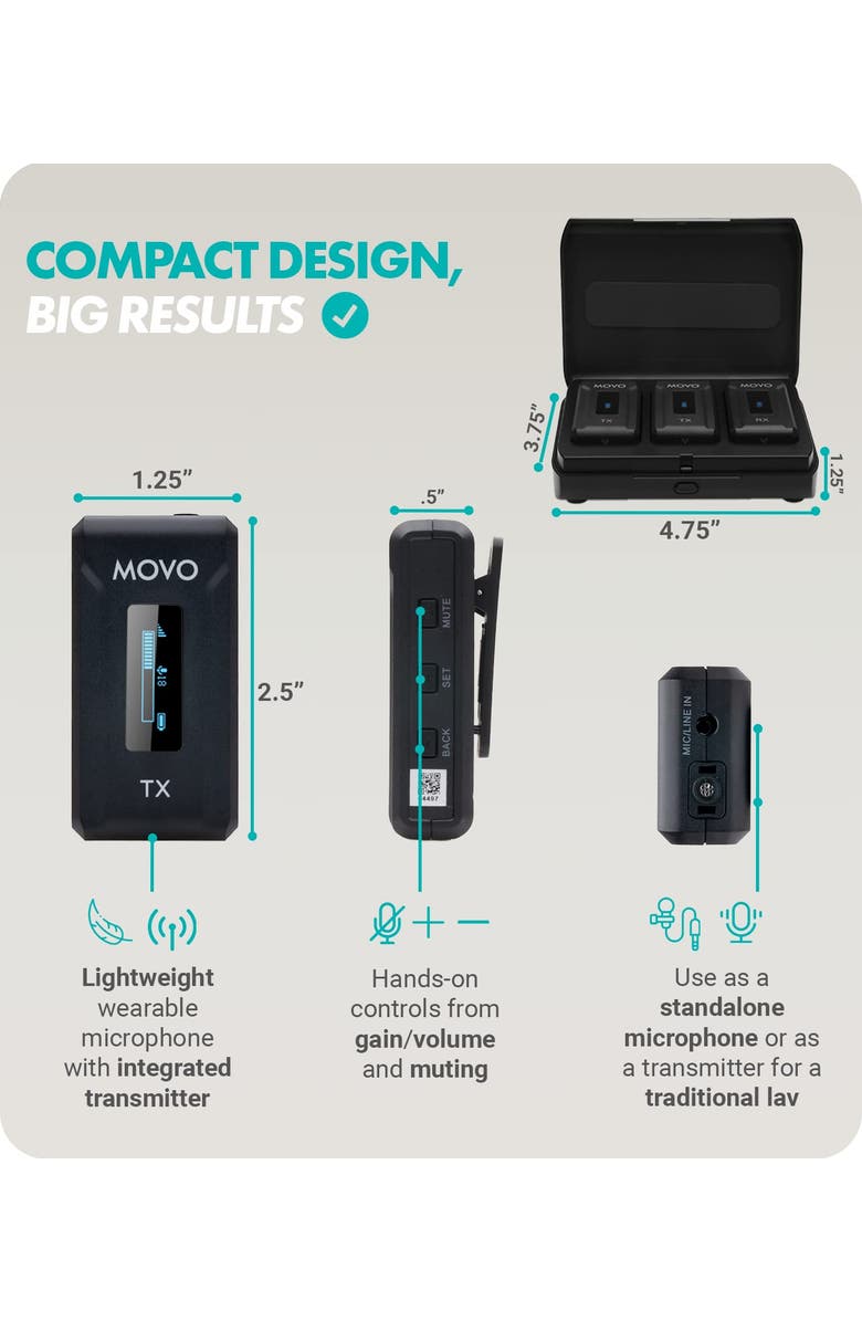 MOVO WMX-2-DUO Dual Wireless Lavalier Microphone System with Charging Case for Cameras, Alternate, color, Black