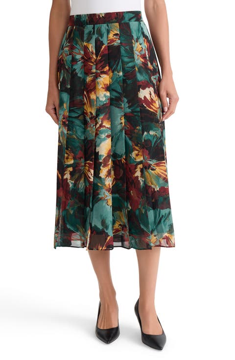 Pleated Floral Midi Skirt