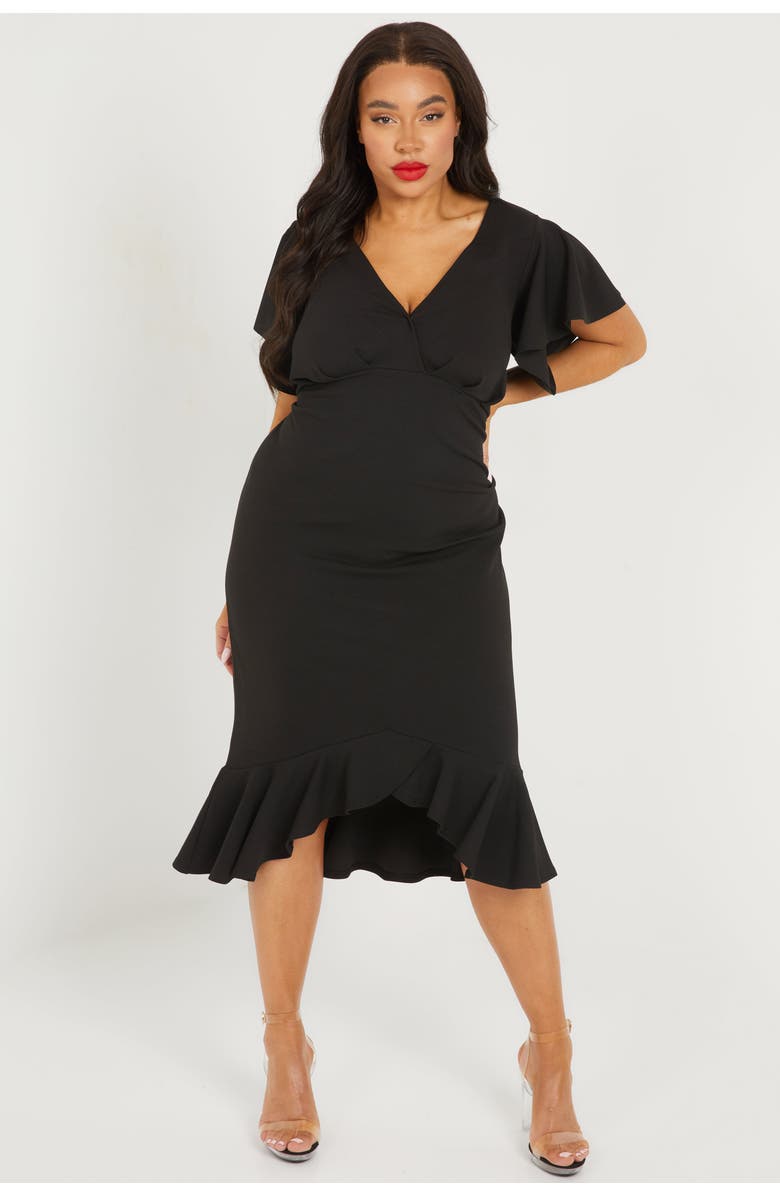 QUIZ Plus Size Scuba Crepe V Neck Midi Dress, Main, color, Black