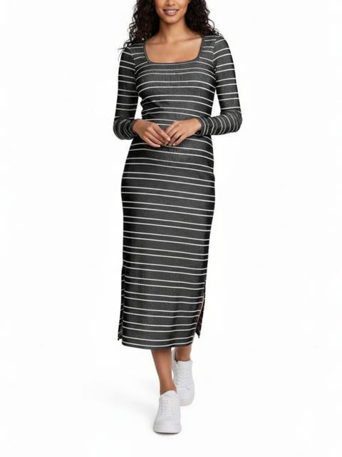 Square Neck Rib Knit Long Sleeve Bodycon Maxi Dress
